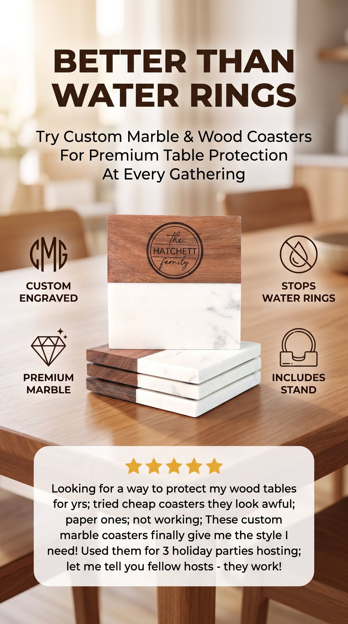 marble and wood  coaster set with stand