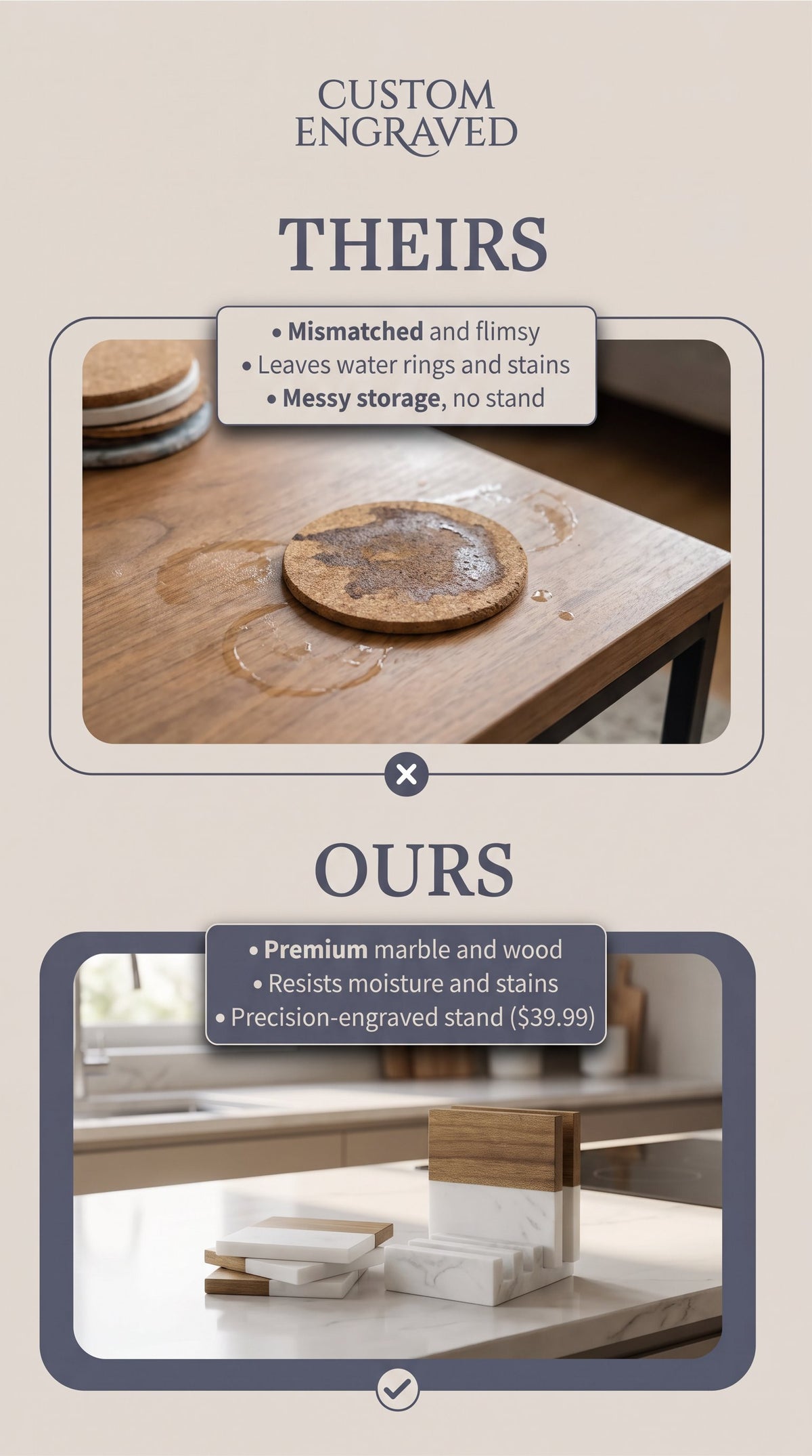 marble and wood  coaster set with stand
