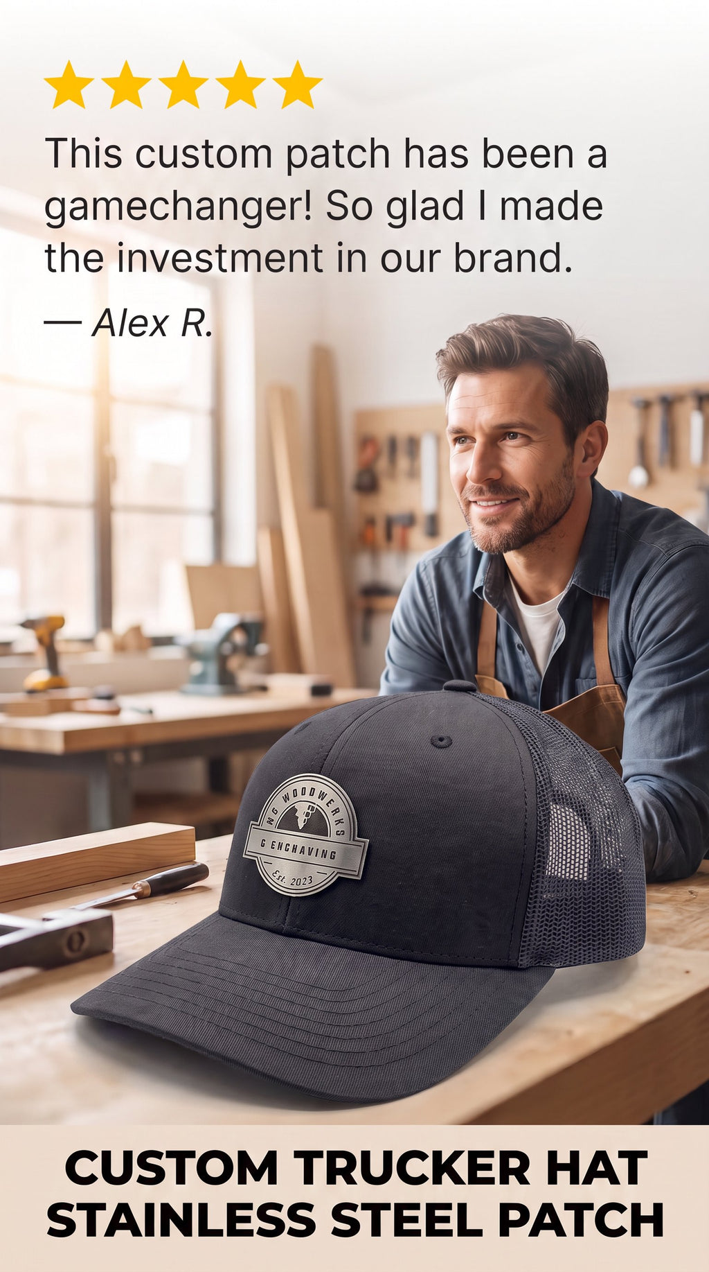 Custom Trucker Hat + Stainless Steel & Acrylic Patch set of 5 hats