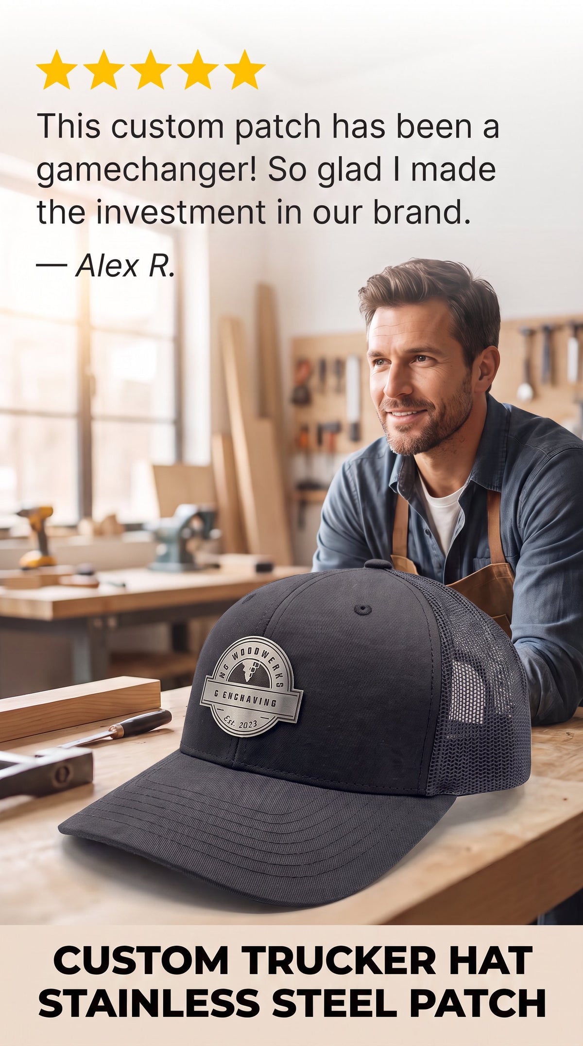 Custom Trucker Hat + Stainless Steel & Acrylic Patch set of 5 hats