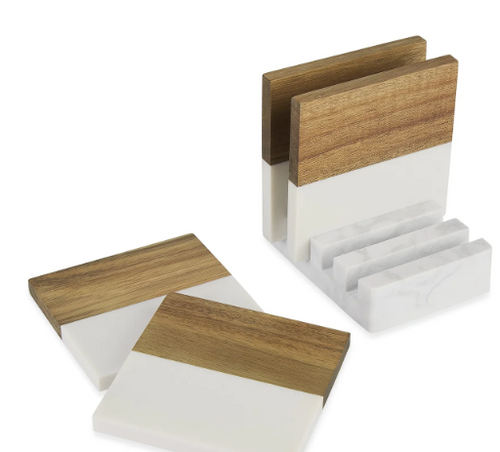 marble and wood  coaster set with stand
