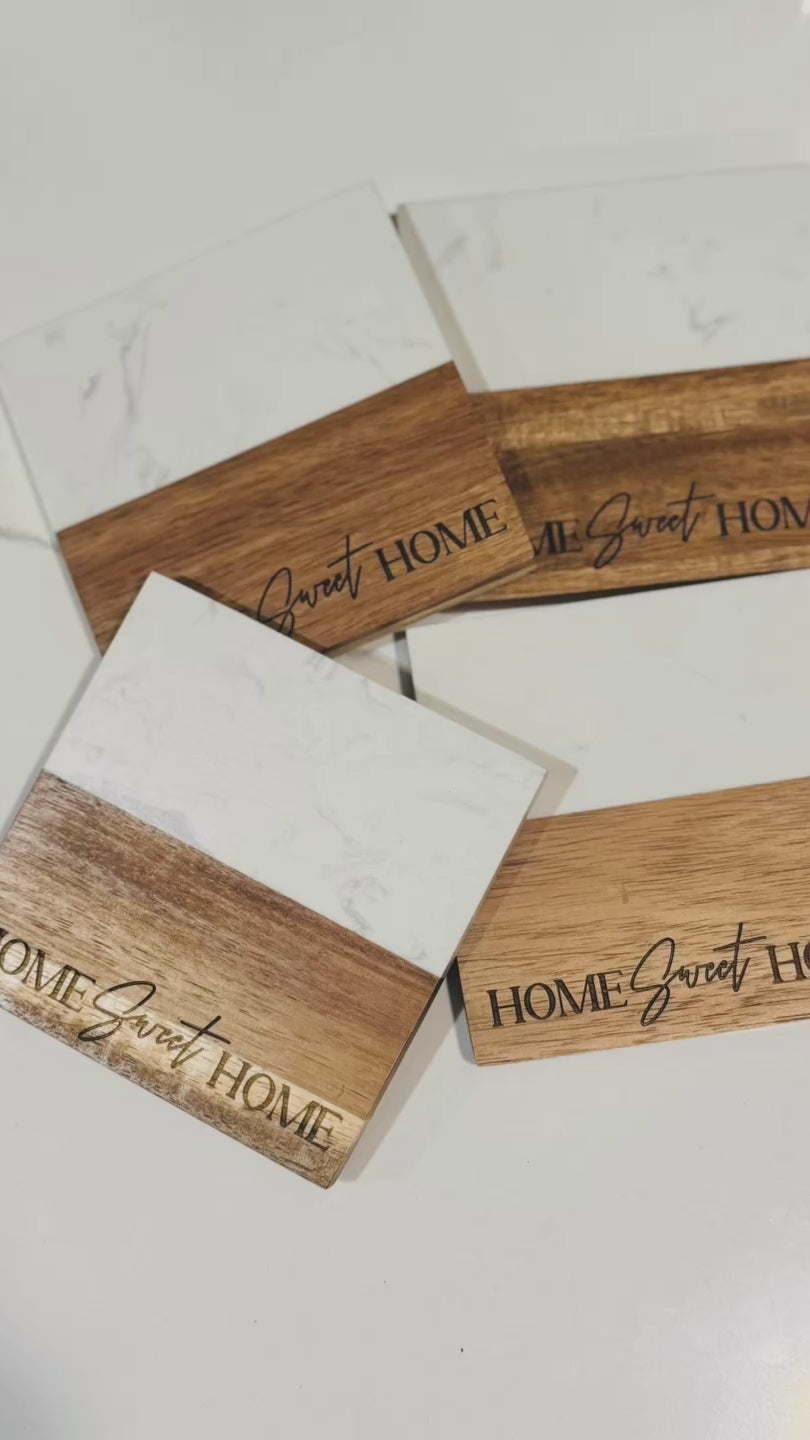 marble and wood  coaster set with stand
